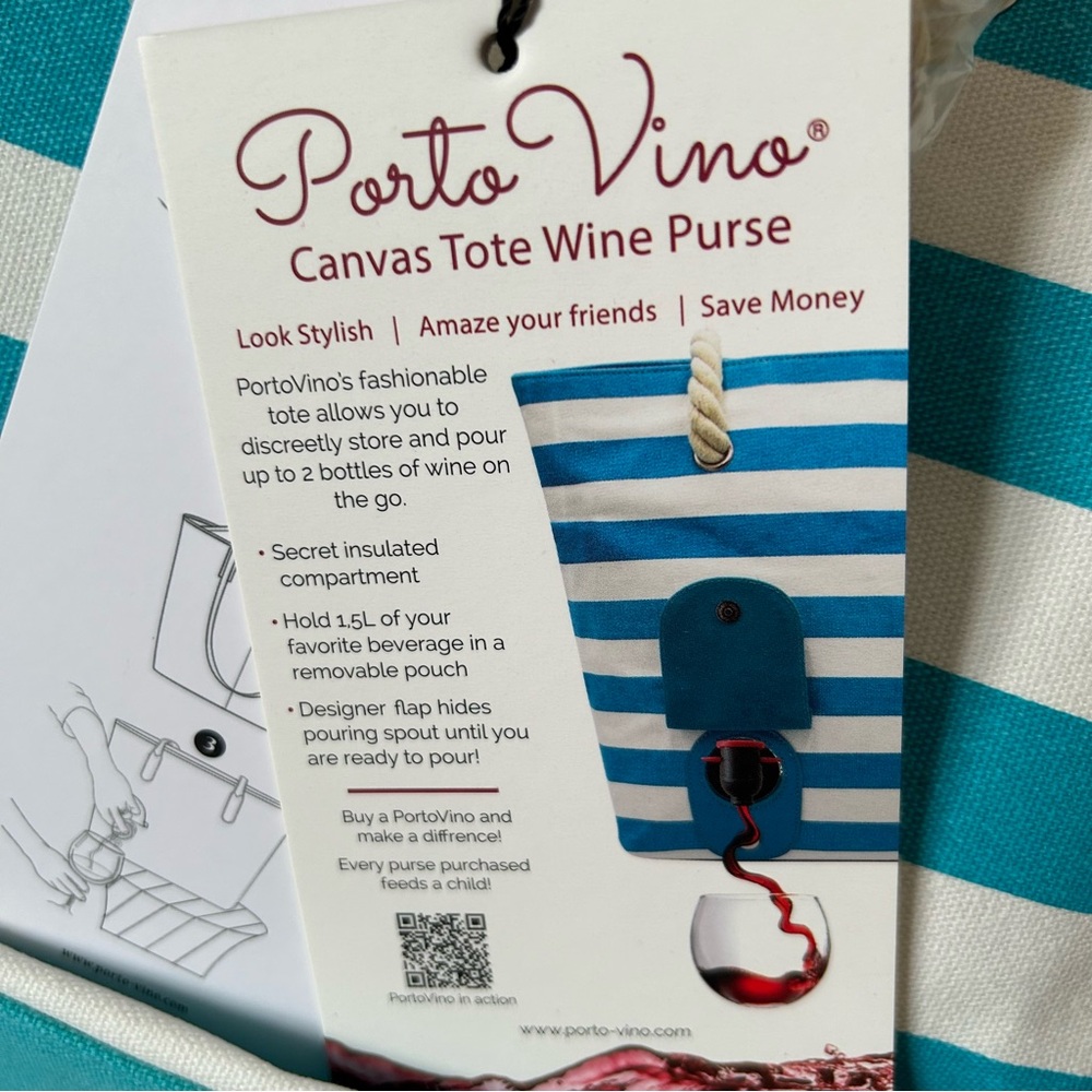 NWT Porto Vino Teal White Striped Secret Insulated Wine Tote Bag Purse - Picture 4 of 14